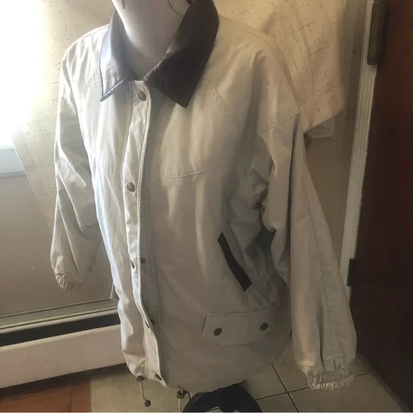 P.A. Originals Women's Sz S Barn Jacket Taupe w/Brown Faux Leather Trim Zip Up - Picture 5 of 15